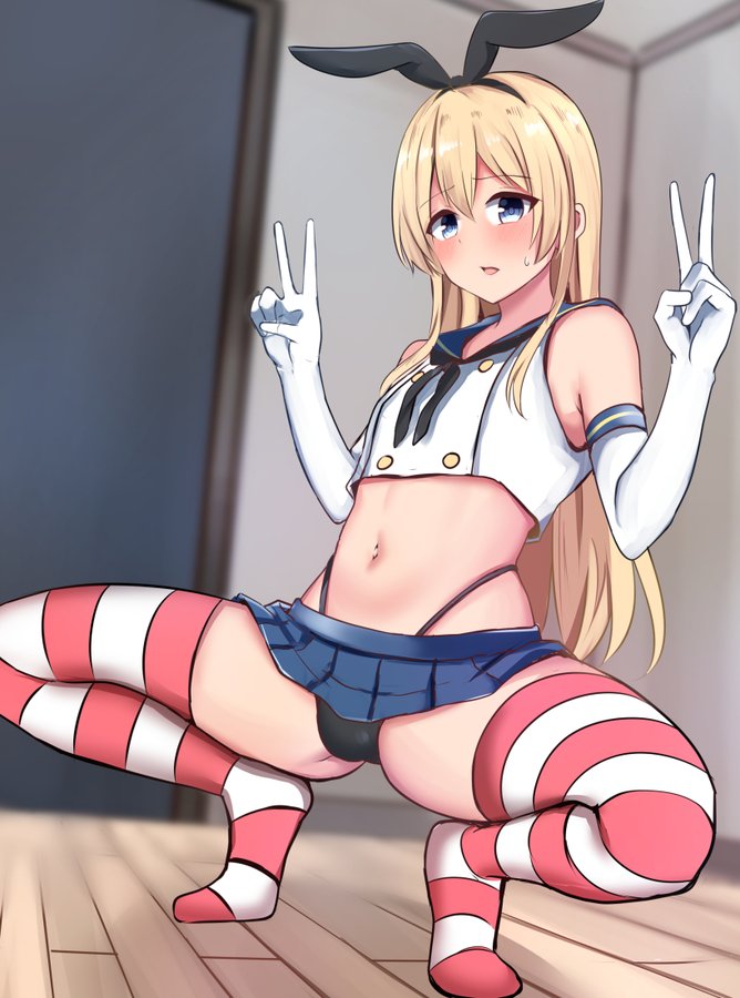 1boy baretto_(karasi07) belly belly_button black_hairband black_neckerchief black_panties blonde_hair blue_eyes blue_skirt blush bulge bulge_through_clothing cosplay crop_top crossdressing crossdressing_male double_peace_sign double_v elbow_gloves femboy gloves hairband highleg_panties highleg_thong kantai_collection long_hair looking_at_viewer male male_focus male_only microskirt navel neckerchief original otoko_no_ko otokonoko panties penis_in_panties penis_under_clothes pleated_skirt pose posing sailor_collar shimakaze-kun shimakaze_(kantai_collection) shimakaze_(kantai_collection)_(cosplay) skirt solo solo_focus solo_male spread_legs squatting striped_legwear striped_thighhighs stripes sweatdrop thighhighs thong trap underwear upskirt v white_gloves