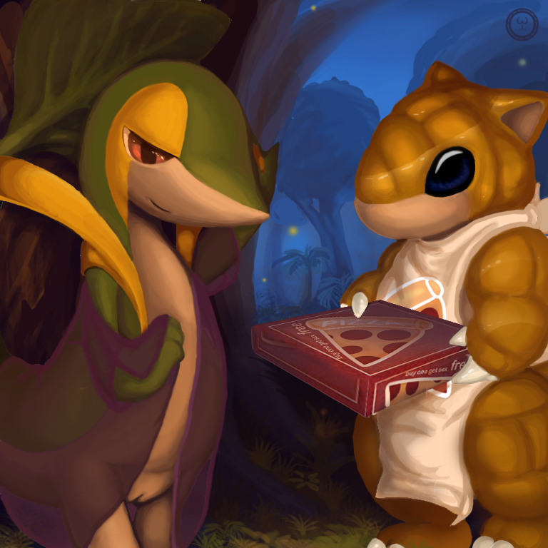 apron blue_eyes claws clothes female grass green_skin holding interspecies leaf male night nintendo open_eyes outdoors pizza pointy_ears pokemon pokemon_(species) pussy red_eyes sandshrew scalie side_view sildre smile snivy standing tree tricksta yellow_eyes