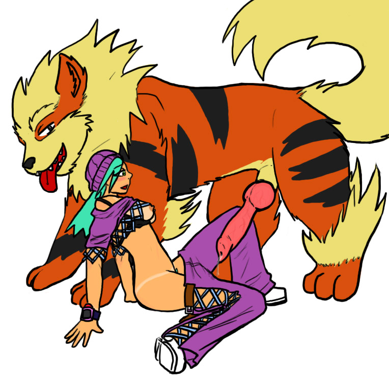 animal arcanine blue_hair blush breasts canine canine_penis drip erect_nipples erection feral hair human illuminatii interspecies knot nipples open_mouth penis pokemon pokemon_(species) pokephilia precum sitting tan_line tanline tongue trainer zoophilia