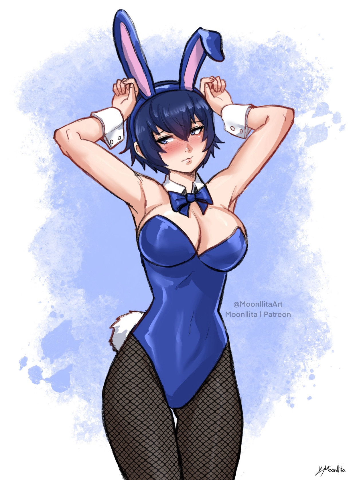 1girls, armpits, arms up, bare shoulders, blue eyes, blue hair, blush, bow, bowtie, breasts, cleavage, female, female focus, female only, fishnet pantyhose, fishnets, gluteal fold, highres, kuki (artist), kukimoonie, large breasts, leotard, matching hair/eyes, moonllita, moonllita (artist), pantyhose, persona, persona 4, rabbit ears, rabbit tail, shirogane naoto, short hair, simple background, solo, thigh gap, tomboy, wrist cuffs