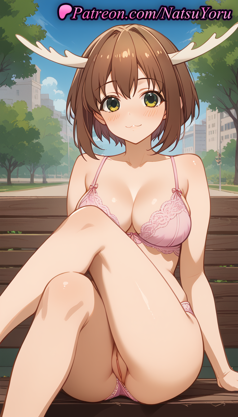 1girls :3 ai_generated anime anime_style antlers asian bangs bare_arms bare_legs bare_shoulders bench blue_sky blush bow_bra bra breasts brown_hair building bust busty cleavage cleft_of_venus closed_mouth clothing_aside collarbone crossed_legs day exhibitionism feet_out_of_frame female female_focus female_only green_eyes hentai horns labia large_breasts legs lingerie looking_at_viewer my_deer_friend_nokotan natsuyoru on_bench outdoors panties panties_aside pantsu park park_bench pink_bra pink_panties public_indecency pussy shikanoko_noko short_hair sitting sky smile solo solo_female thighs tree uncensored underwear underwear_only vagina voluptuous voluptuous_female