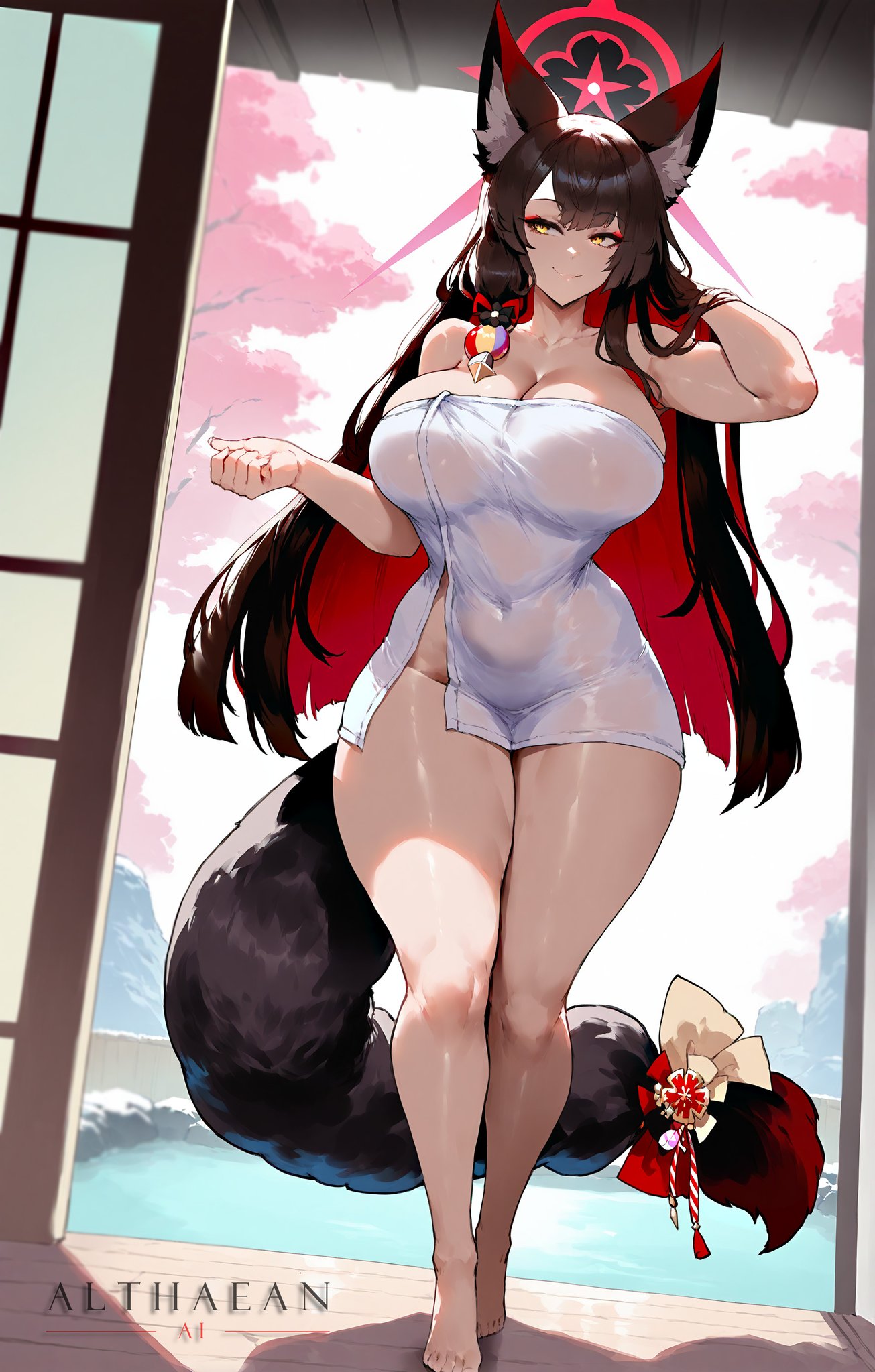 1girls absurd_res aged_up ai_generated alternate_breast_size alternate_version_available althaean blue_archive cherry_blossoms fox_ears fox_girl hand_in_hair large_breasts looking_at_viewer naked_towel onsen seductive slim_waist smiling tagme thick_thighs voluptuous voluptuous_female wakamo_(blue_archive) wide_hips