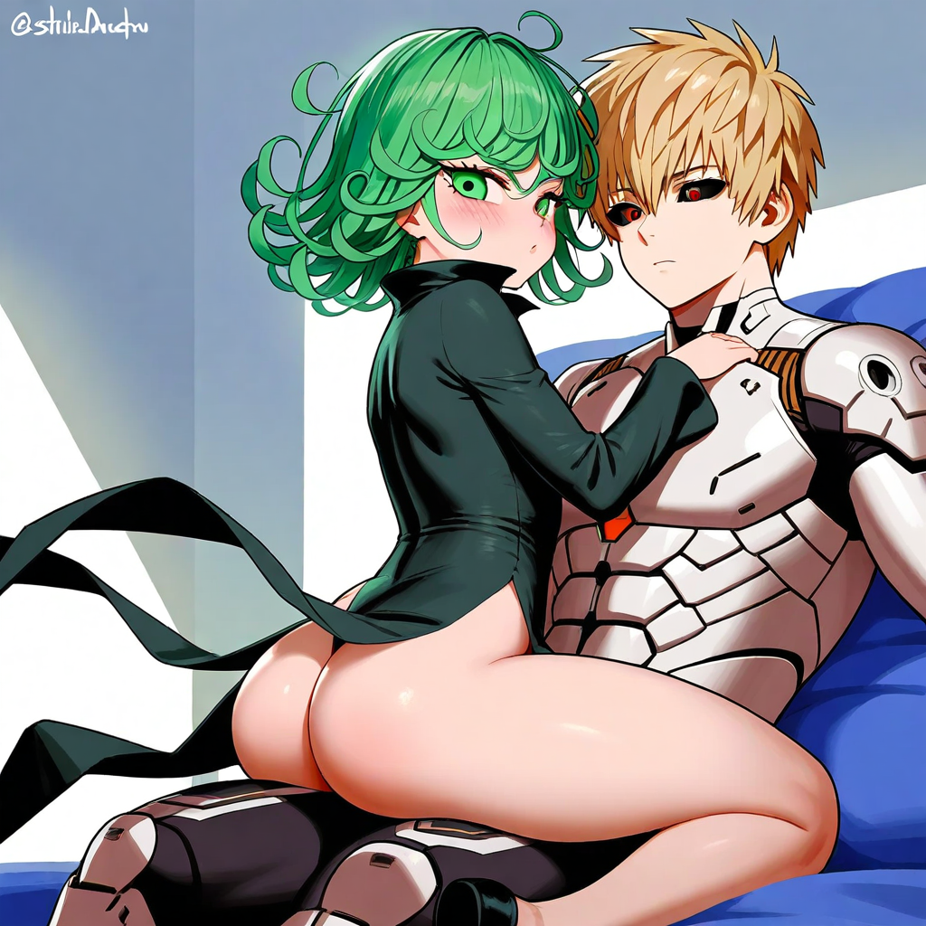 ai_generated ass blush couple cyborg female genos green_hair looking_at_viewer looking_back one-punch_man petite_female tatsumaki