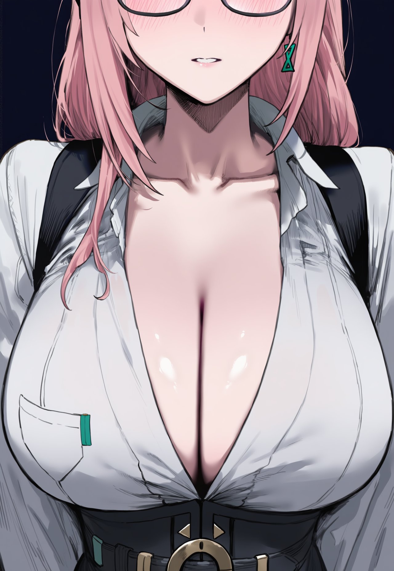 1girls, ai generated, blush, breast focus, breasts, cleavage, collarbone, collared shirt, dress shirt, earrings, female, glasses, head out of frame, jewelry, long hair, pink hair, shirt, solo, truck kun, truck-kun art, tsukishiro yanagi, white shirt, zenless zone zero