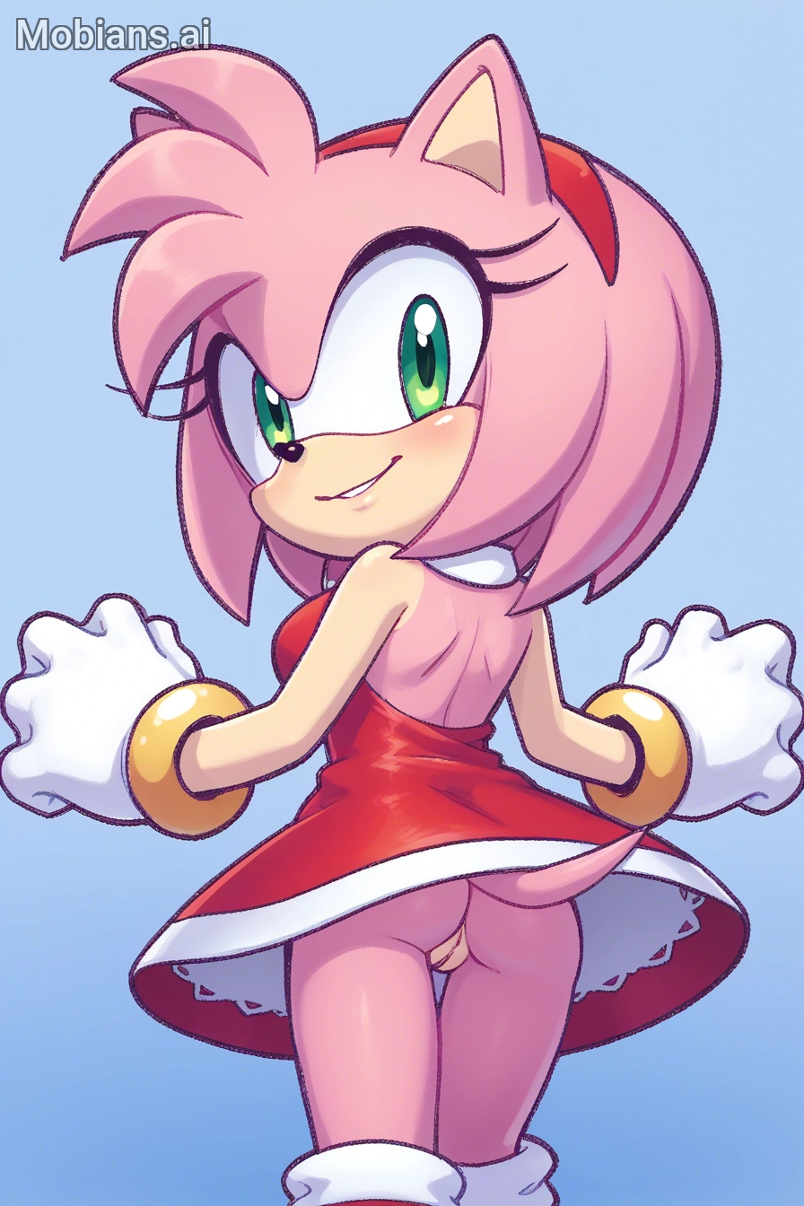 accurate_art_style ai_generated amy_rose ass ass_focus boots dress gloves mobians.ai no_panties on_model partially_clothed pussy red_clothing skirt solo sonic_(series) tail upskirt