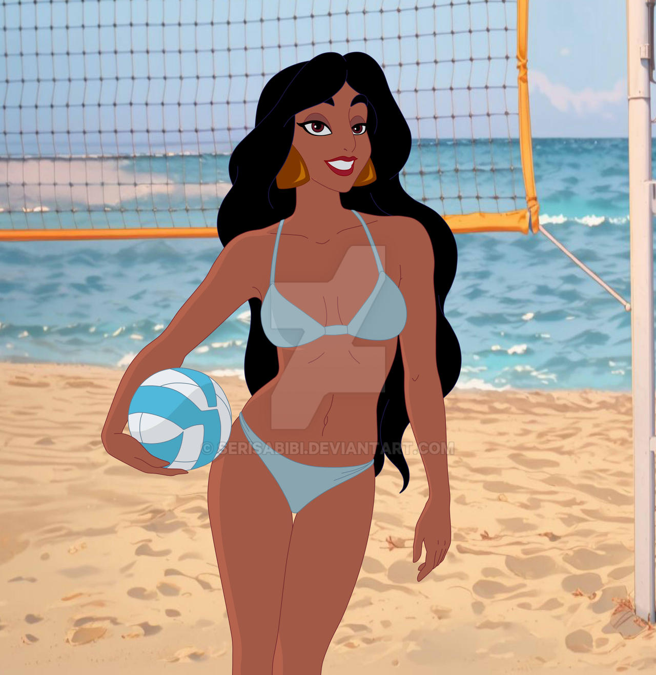 1girls, aladdin, beach, copyright notice, deviantart link, deviantart logo, deviantart username, disney, disney princess, female, female only, obnoxious watermark, princess jasmine, serisabibi, solo, watermark