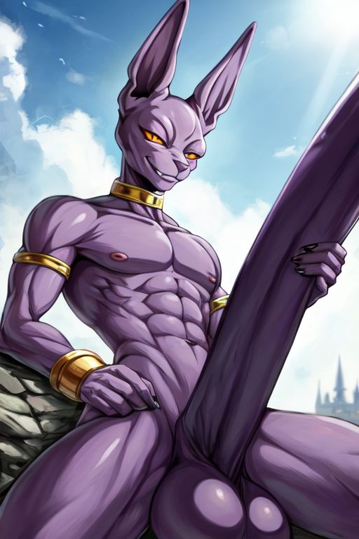 ai_generated beerus big_balls big_penis cocky69 dragon_ball_super excessive_size gay holding_penis hyper_penis long_penis muscular