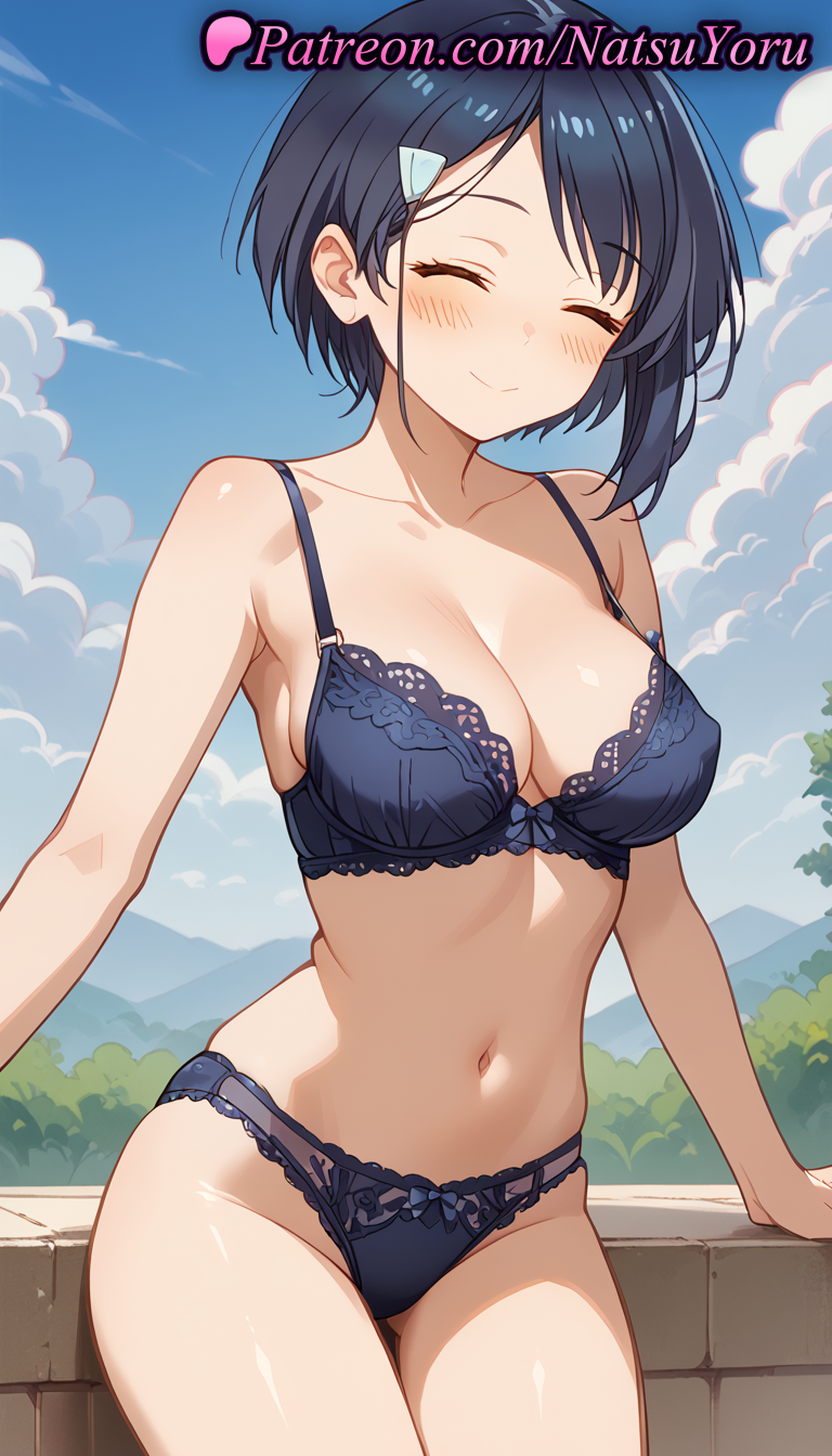 1girls ai_generated anime anime_style asian ass_visible_through_thighs bangs bare_arms bare_shoulders black_hair black_panties blue_bra blue_hair blue_panties blue_sky blush bow bow_bra bow_panties bra breasts bust busty cleavage closed_eyes closed_mouth cloud collarbone cowboy_shot dark_blue_hair day facing_viewer female female_focus female_only hair_ornament hairclip hentai lace-trimmed_bra lace-trimmed_panties lace_trim large_breasts lingerie lips medium_breasts my_deer_friend_nokotan natsuyoru navel outdoors panties pantsu short_hair sky smile solo solo_female standing stomach thigh_gap thighs tsubameya_chiharu underwear underwear_only voluptuous voluptuous_female