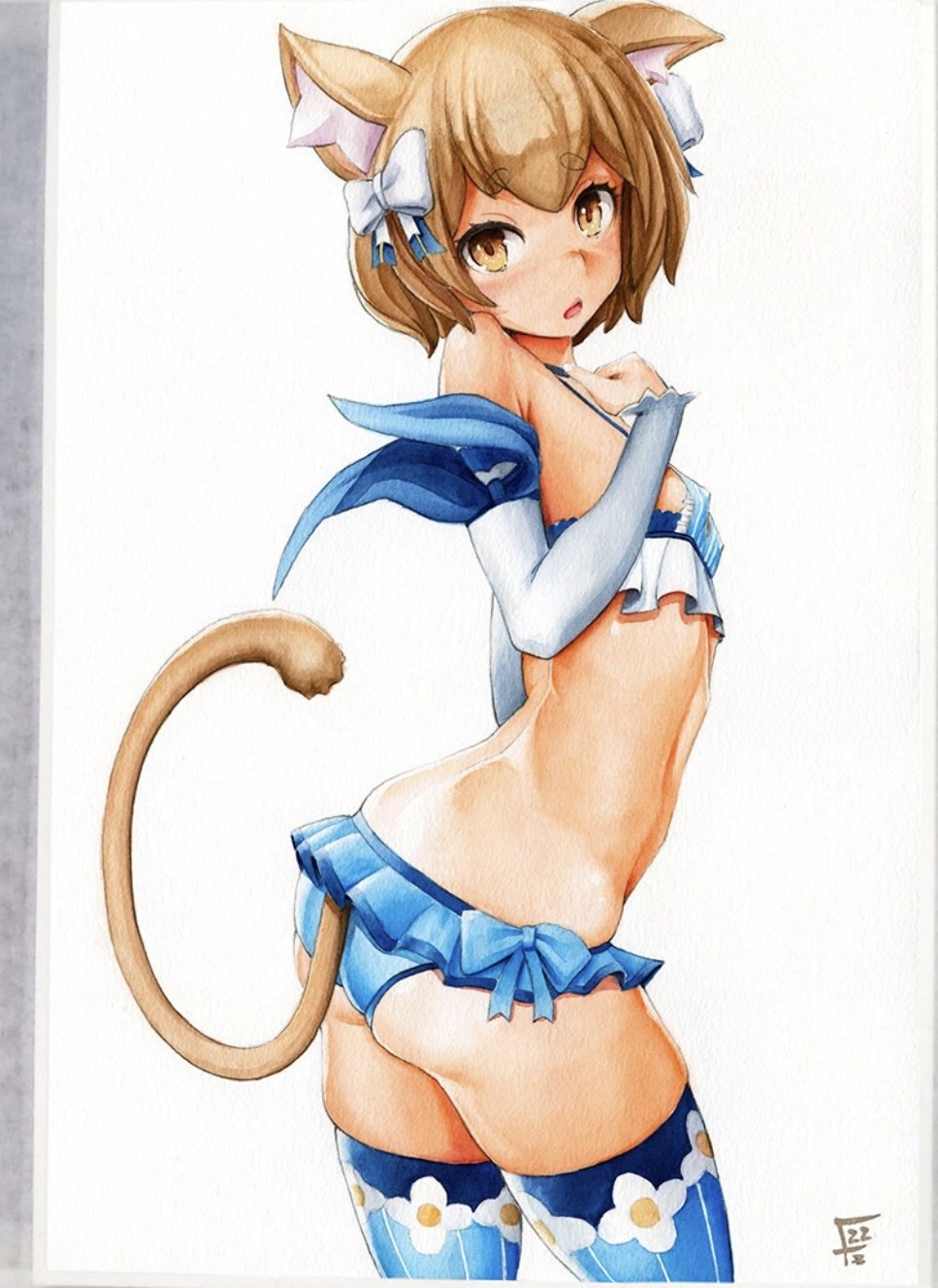 1boy, blonde hair, blush, cat ears, catboy, crossdressing, felix argyle, femboy, fernandojdb, male, otoko no ko, re:zero kara hajimeru isekai seikatsu, solo, solo focus, tail, trap, twink, watercolor (artwork), yellow eyes