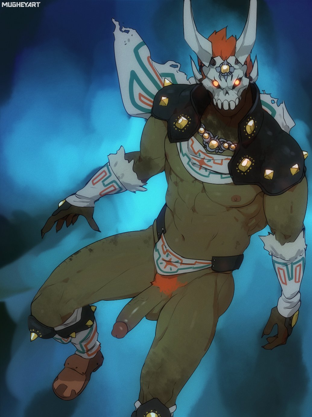 1boy abs artist_name bara claws colored_skin english_commentary ganondorf glowing glowing_eyes green_skin highres horns looking_at_viewer male_focus male_only mask mouth_mask mugheyart muscular muscular_male nipples pectorals penis phantom_ganon pubic_hair red_hair skull_mask testicles the_legend_of_zelda the_legend_of_zelda:_ocarina_of_time torn_clothes