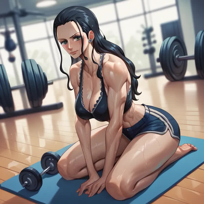 after_exercise ai_generated black_hair etm_ai female female_only gym nico_robin one_piece sports_bra sports_shorts sportswear sweating