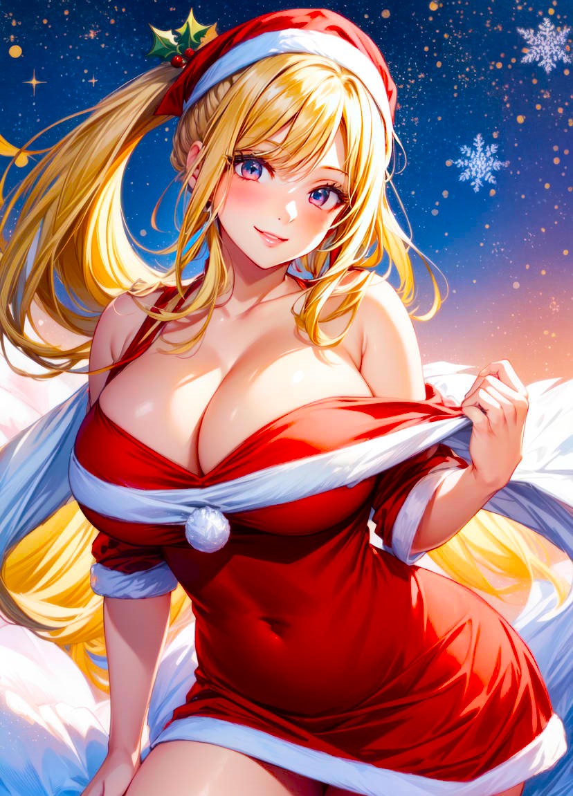 ai_generated anime babe bare_shoulders bimbo blonde_female blonde_ponytail christmas cleavage divine_beauty fairy_tail female looking_at_viewer looking_pleasured lucy_heartfilia manga massive_breasts merry_christmas off_shoulder ponytail santa_costume santa_girl santa_hat scarlizz seductive_eyes sexy snowfall snowflake star undressing voluptuous voluptuous_female waifu