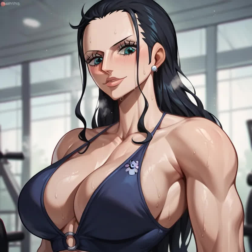 ai_generated black_hair blush busty etm_ai female female_only gym heat nico_robin one_piece sports_bra sportswear sweating