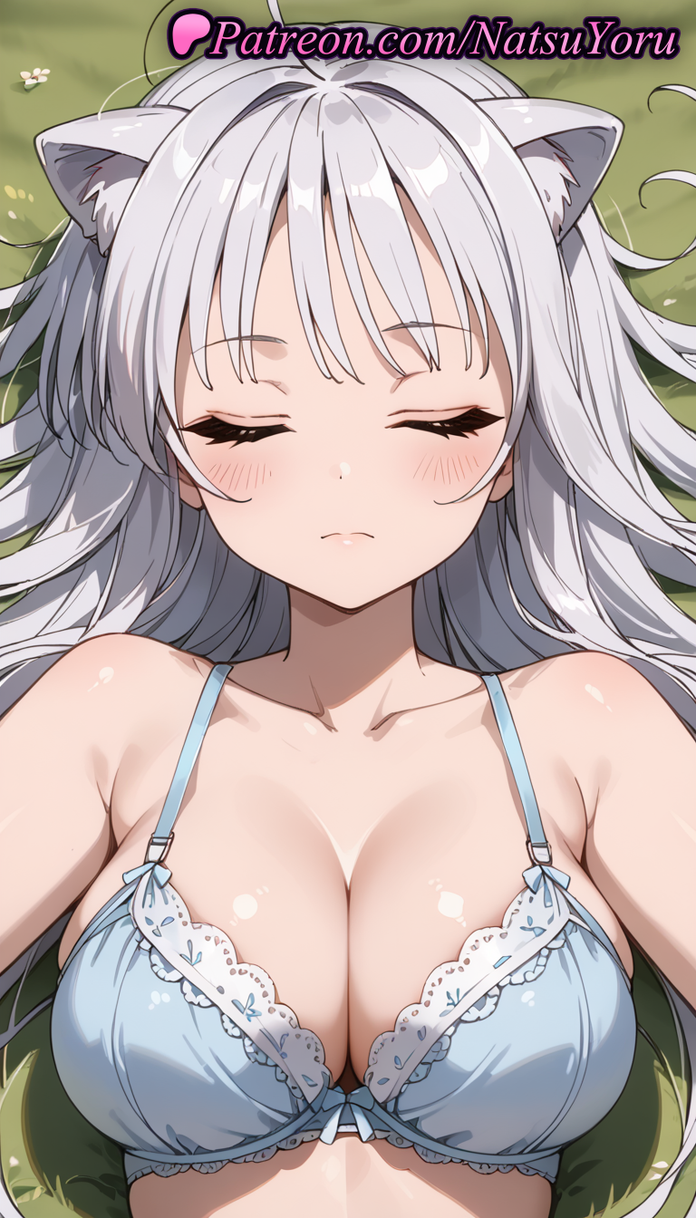 1girls ahoge ai_generated animal_ear_fluff animal_ears anime anime_style bangs bare_shoulders blue_bra blush bow bow_bra bra breasts bust busty cat_ears cleavage closed_eyes closed_eyes closed_mouth collarbone dog_days facing_viewer female female_focus female_only grass grey_hair hentai lace-trimmed_bra large_breasts leonmitchelli_galette_des_rois lips long_hair lying natsuyoru on_back silver_hair sleeping solo solo_female underwear underwear_only upper_body voluptuous voluptuous_female white_hair