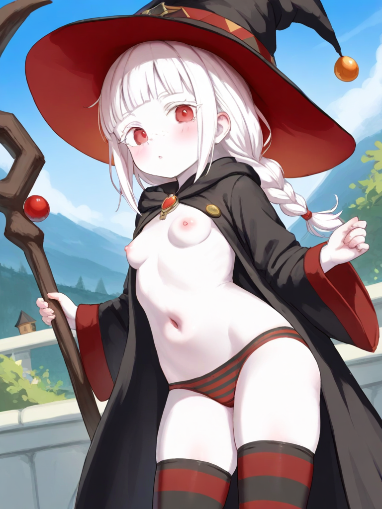 1girls ai_generated blunt_bangs braid braided_ponytail cherrae_(kosine1777) cloak flat_chest kosine1777 kosineverse long_hair original original_character pale_skin panties pink_eyes single_braid small_breasts staff striped_panties topless white_hair witch witch_hat