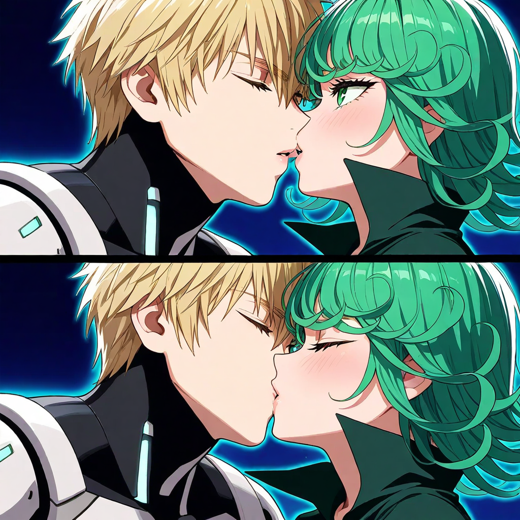 ai_generated blush closed_eyes couple cyborg female genos green_hair kissing one-punch_man petite_female tatsumaki