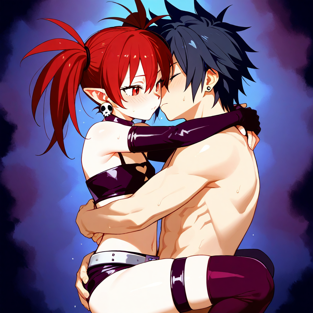 1female 1male ai_generated couple crossover demon_girl disgaea etna fairy_tail gray_fullbuster hugging red_hair small_breasts