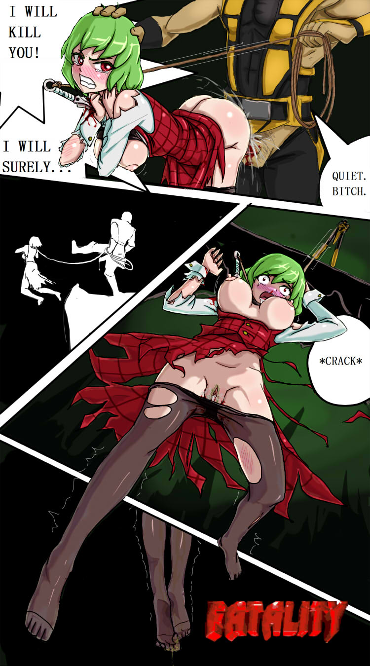 1boy angry asphyxiation ass big_breasts bleeding blood blush breasts broken_neck cliff clothes color comic crossover cum cum_in_pussy death defeated dialogue english_text fatality female female_death femsub gore green_hair guro hair hand_on_head hanged helpless injury kick knife kunai large_breasts male maledom mortal_kombat ninja nipples nosebleed open_eyes pale_skin pubic_hair puncture pussy rape red_blood red_eyes restrained rope scared scorpion_(mortal_kombat) scratches sex short_hair snuff speech_bubble stabbed straight straight_hair strangling tan_skin tears text torn_clothes touhou translated vaginal virgin weapon wound yuka_kazami