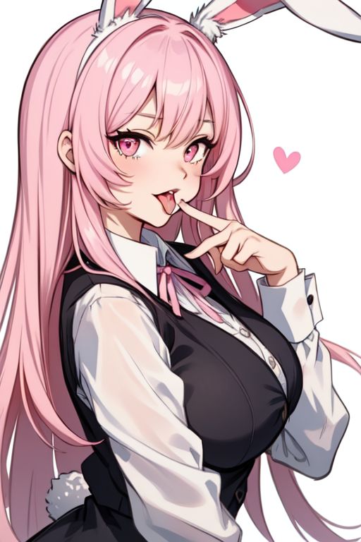 ai_generated blush bunny_ears bunny_girl bunny_tail collared_shirt formal formal_attire formal_clothes formal_wear heart large_breasts long_hair pink_eyes pink_hair ribbon sakura_mio teasing tongue tongue_out uniform vest voluptuous voluptuous_female white_shirt white_skin whxsperrai