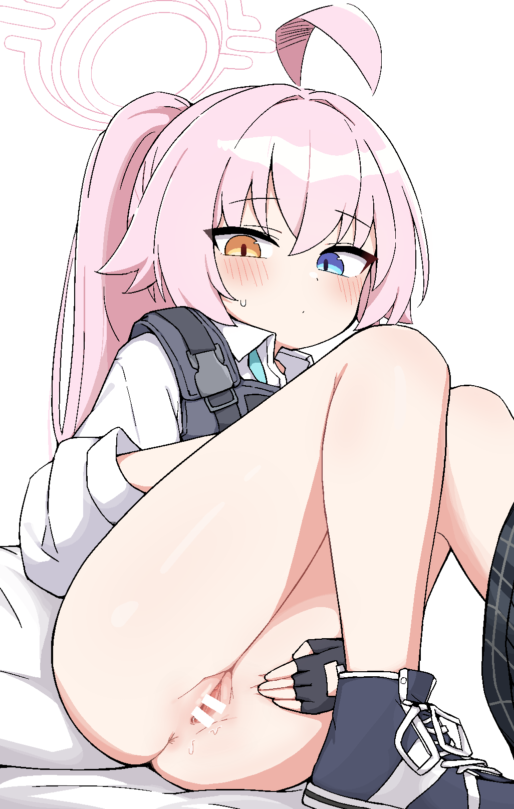 ahoge anus bar_censor black_footwear black_gloves blue_archive blush bottomless bulletproof_vest censored commentary female fingerless_gloves gloves halo heterochromia highres hoshino_(armed)_(blue_archive) hoshino_(blue_archive) knees_up korean_commentary long_hair looking_at_viewer official_alternate_costume pillow pink_hair ponytail pussy_juice rarara_(pixiv_14765246) shirt sitting solo spread_pussy sweatdrop white_shirt