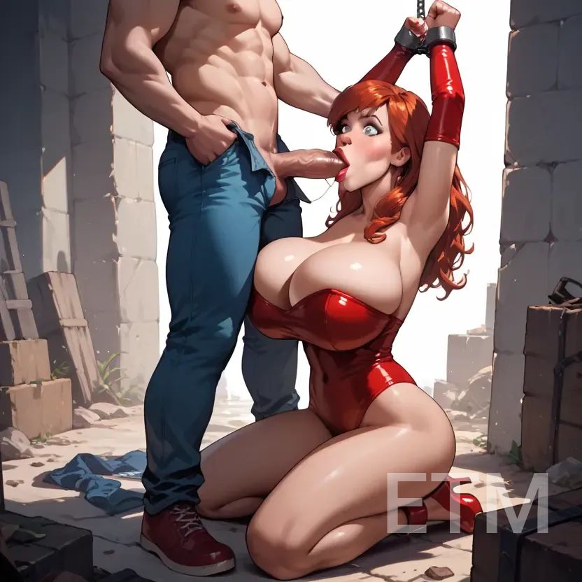 ai_generated big_breasts big_breasts blowjob bondage chained chained_up cock_sucking kneeling marvel_comics mary_jane_watson