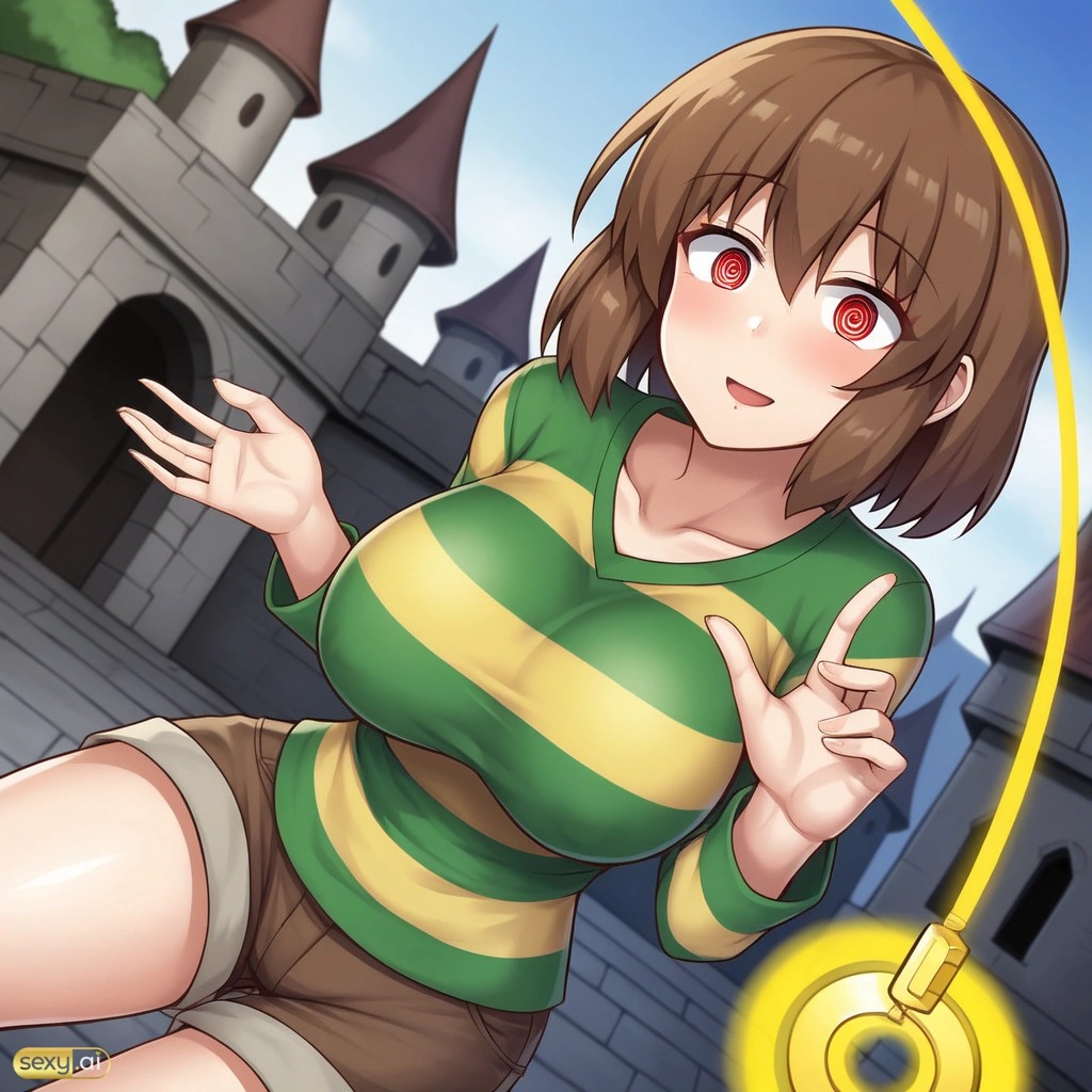 ai_generated artist_request brainwashing brown_hair brown_shorts chara huge_breasts hypnosis large_breasts mind_control pendulum red_eyes sexy.ai tagme undertale undertale_(series) unknown_artist