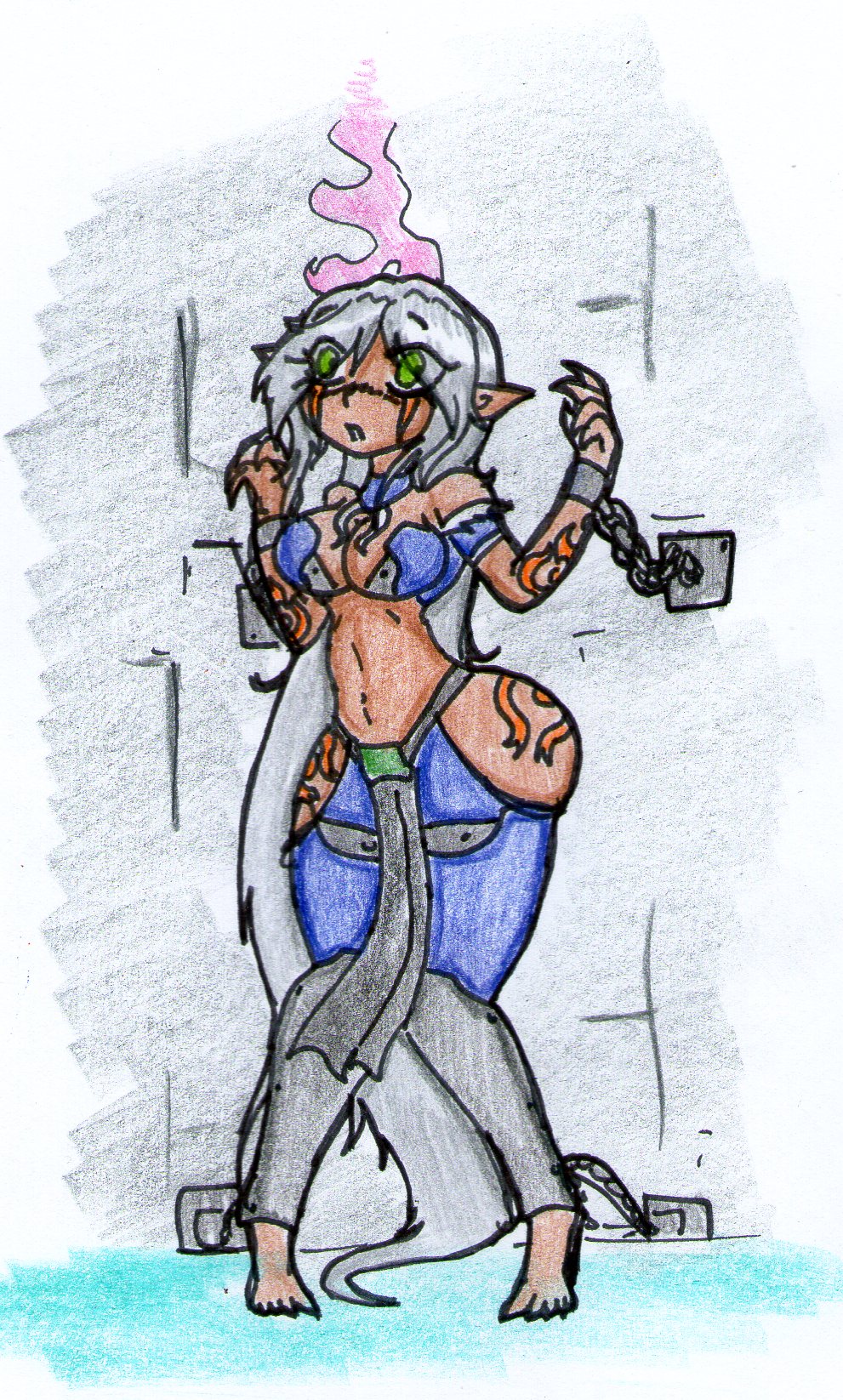 bondage corruption dark_skin dazed elf_ears empty_eyes femsub green_eyes grey_hair long_hair lordebonfuze magic original pre-transformation spiral tattoo traditional transformation tribal_tattoo