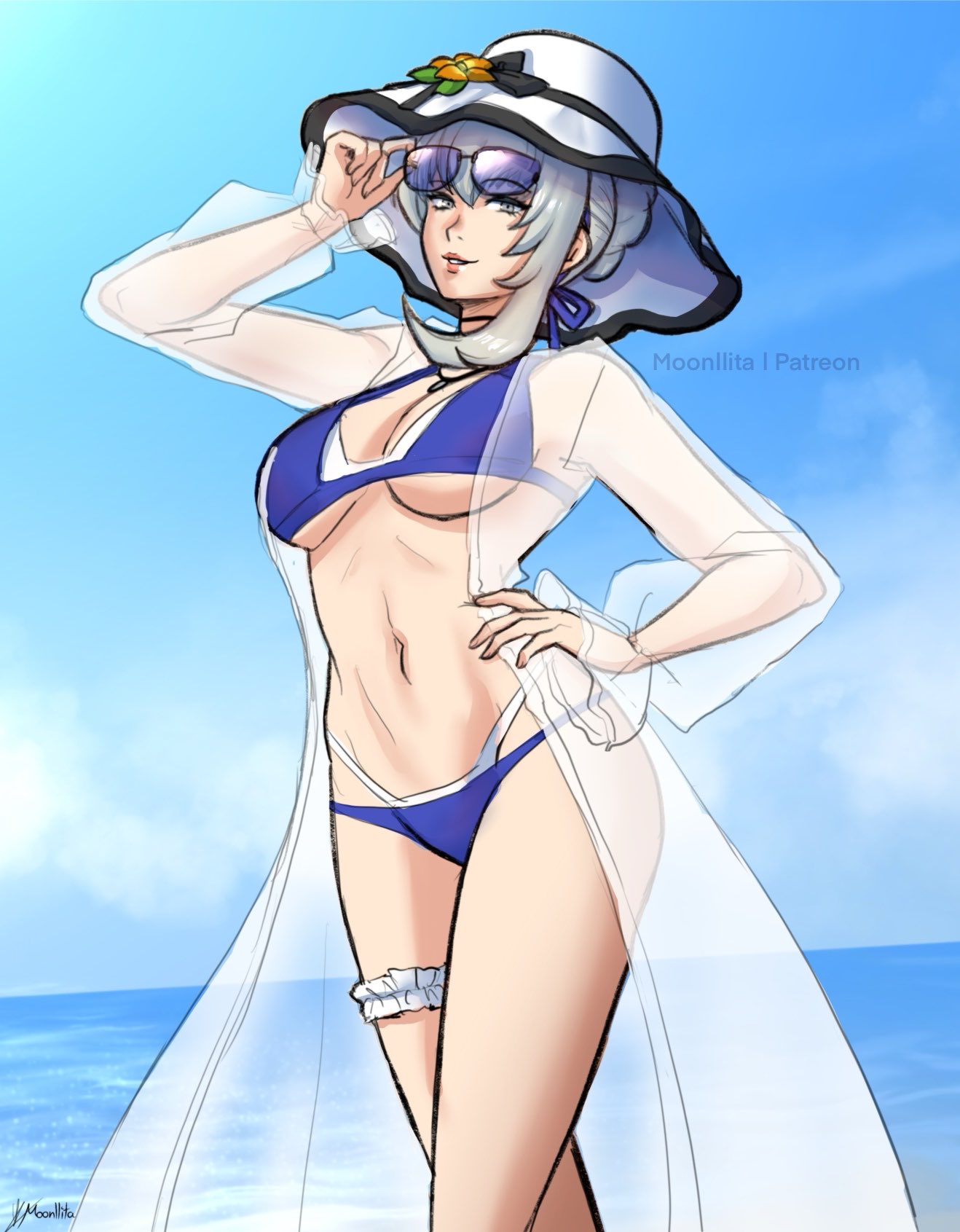 1girls, beach, bikini, blue bikini, breasts, cleavage, day, eyewear on head, female, female only, flesh eater, hand on hip, hat, kuki (artist), kukimoonie, large breasts, long hair, looking at viewer, merope, merope (persona), moonllita, moonllita (artist), navel, ocean, persona, persona 5, ribbon, sarong, see-through, silver hair, solo, standing, sun hat, sunglasses, swimsuit, underboob