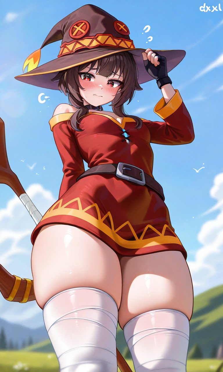 1girls, ai generated, embarrassed, female, female only, front view, kono subarashii sekai ni shukufuku wo!, megumin, solo, solo female, thick thighs