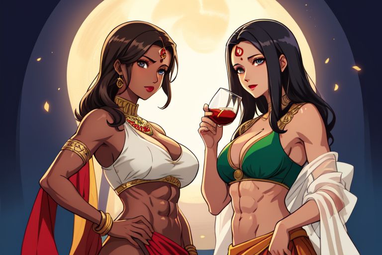 2girls abs ai_generated armlet bangle big_breasts black_hair blouse blue_eyes brown_hair cleavage dark-skinned_female dark_skin drink drinking earrings female female_only forehead_jewel glass gold_jewelry hourglass_figure indian_clothes jewelry light-skinned_female light_skin looking_at_viewer moon navel necklace red_lipstick saree sari slim_waist wide_hips