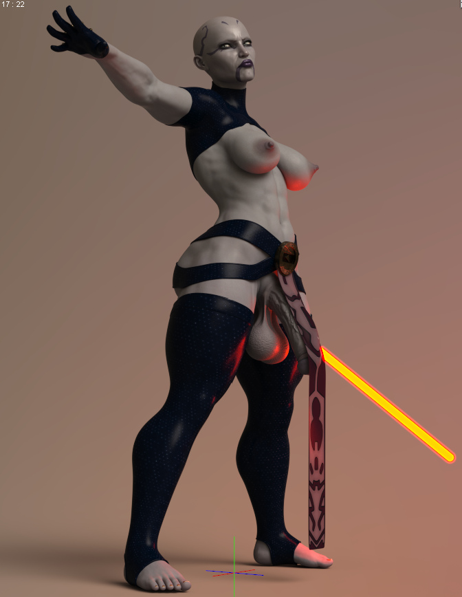 3d asajj_ventress bald balls breasts futanari grey_skin lightsaber penis sagging_balls solo squarepeg3d star_wars veiny_penis