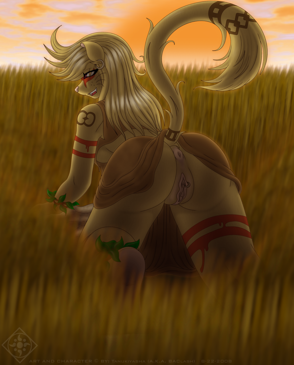 2008 anthro anus blonde_hair bodypaint clitoris ear_piercing earring fangs feline female fur furry hair hunter leaves lion long_hair open_mouth piercing pink_nose plantigrade plump_labia pussy red_eyes solo stalking tanukiyasha upskirt