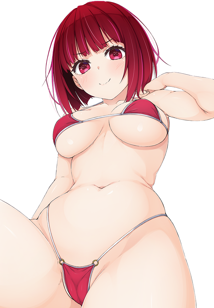 arima_kana bare_arms bare_belly bare_legs bare_shoulders bare_thighs belly_button big_breasts bikini blush breasts cameltoe cleavage closed_mouth from_below hinata_masaki micro_bikini oshi_no_ko red_bikini red_eyes red_hair shiny_skin short_hair sideboob smile thighs underboob