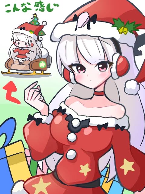 1girls big_breasts christmas japanese_text konpee long_hair pink_eyes ribbon safe santa_costume santa_hat star the_battle_cats white_hair