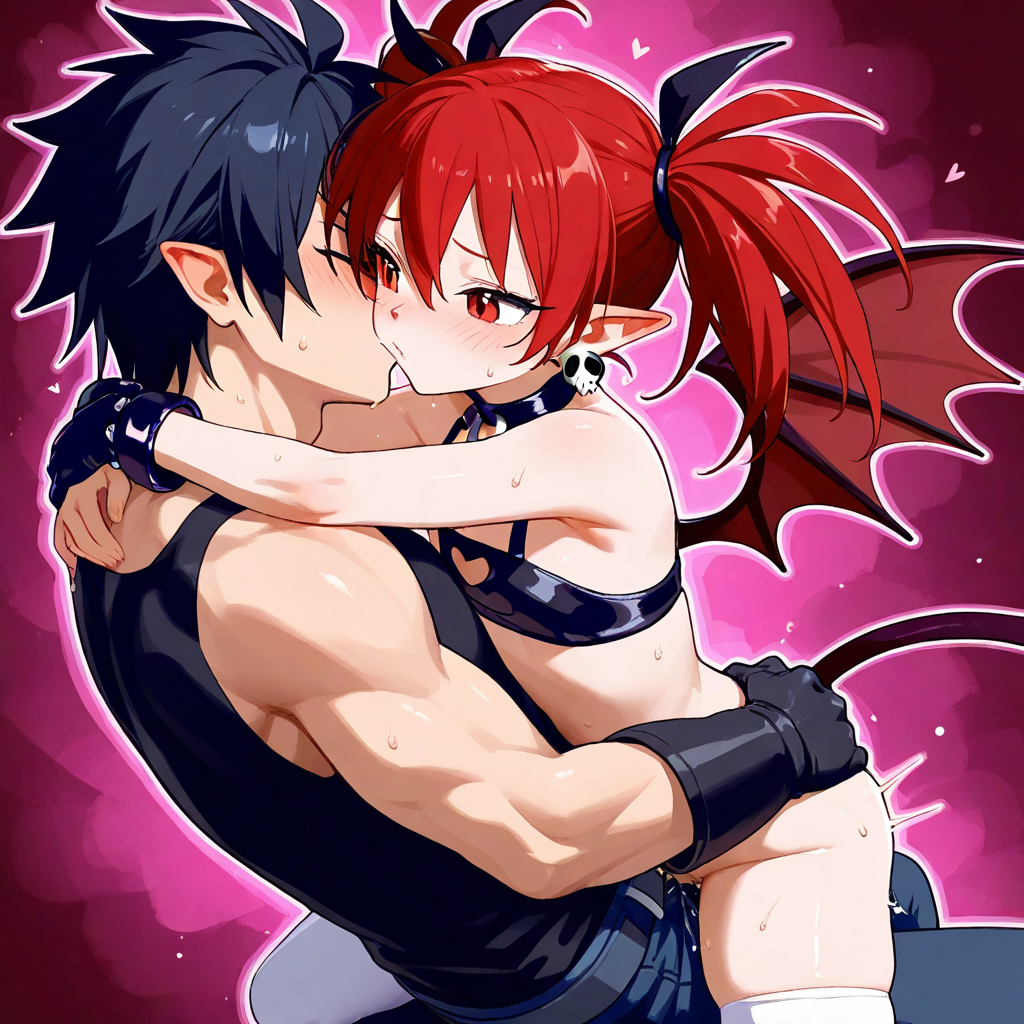 1female 1male ai_generated couple crossover demon_girl disgaea etna fairy_tail gray_fullbuster hugging red_hair small_breasts