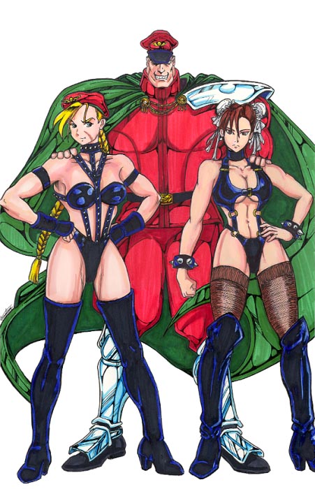 beret blonde_hair brown_hair cammy_white capcom chun-li corruption double_hair_bun enemy_conversion femsub hair_bun_covers hair_buns hand_on_hip long_hair m._bison maledom short_hair street_fighter thighhighs traditional twintails