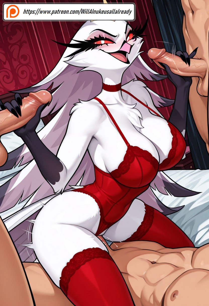1girls, 3boys, ai generated, anthro, big breasts, blush, breasts, chest tuft, cowgirl position, demon, female, furry, gangbang, group sex, handjob, helluva boss, human, human on anthro, interspecies, lingerie, long hair, looking at viewer, male, male human/female anthro, male on anthro, male/female, milf, open mouth, owl, owl demon, partial male, penis, pussy, red eyes, sex, stella (helluva boss), thick thighs, thighhighs, vaginal penetration, willainukeusallalready