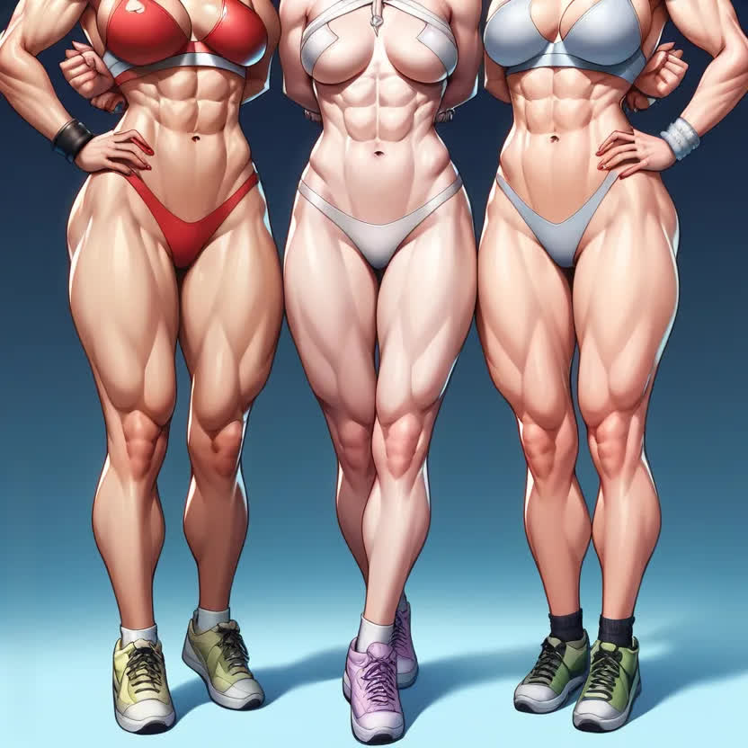 3girls abs ai ai_generated asahina_aoi body_focus danganronpa danganronpa:_trigger_happy_havoc danganronpa_2:_goodbye_despair faceless_female junko_enoshima pekoyama_peko sports_bra sportswear thick_hips toned_female toned_legs