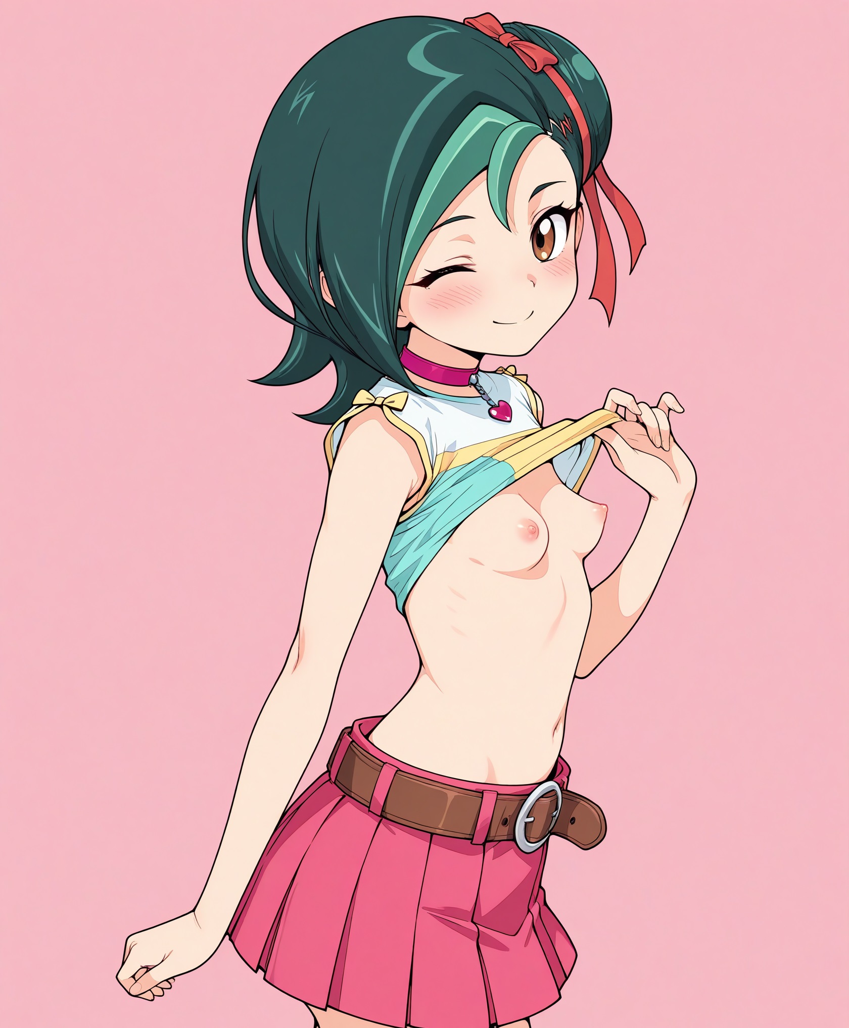 1girls, ai generated, breasts, female, female only, flashing breasts, green hair, kotori mizuki, nipples, small breasts, solo, tori meadows, yu-gi-oh! zexal