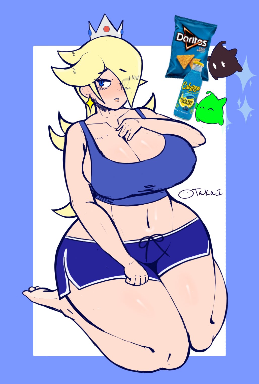 1girls big_breasts blonde_hair blue_booty_shorts blue_eyes blue_tank_top booty_shorts breasts chips_(food) cleavage clothing crown doritos female huge_breasts huge_thighs human large_breasts large_thighs light-skinned_female light_skin long_hair luma mario_(series) mommy nintendo princess_rosalina shorts super_mario_galaxy takaidraws thick_thighs voluptuous voluptuous_female wide_hips