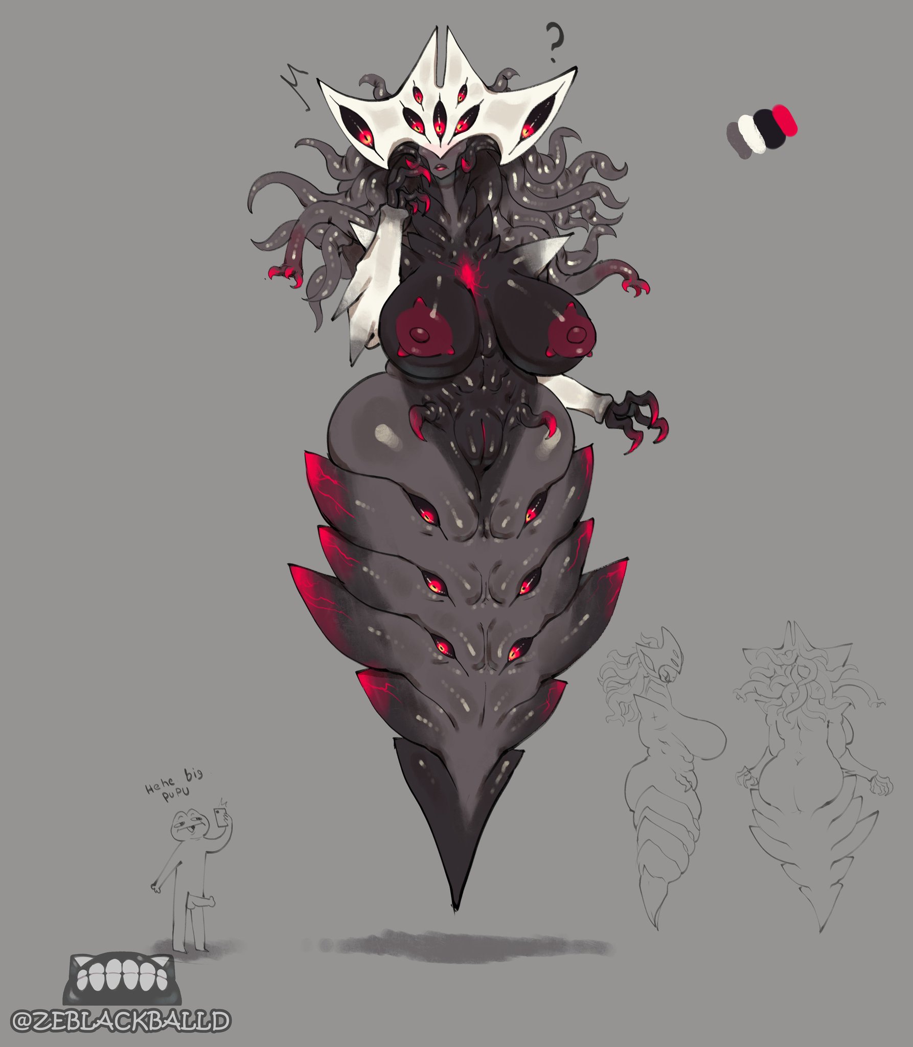 1boy, 1girls, 2022, breasts, eldritch, eldritch horror, eyes, female, horrors behond my comprehension, larger female, male, monster, monster girl, multi eye, nightmare waifu, original, original character, red eyes, red nipples, smaller male, solo focus, tentacle, tentacle hair, the invader (zeblackballd), thick, ze blackball.d, zeblackballd (artist)