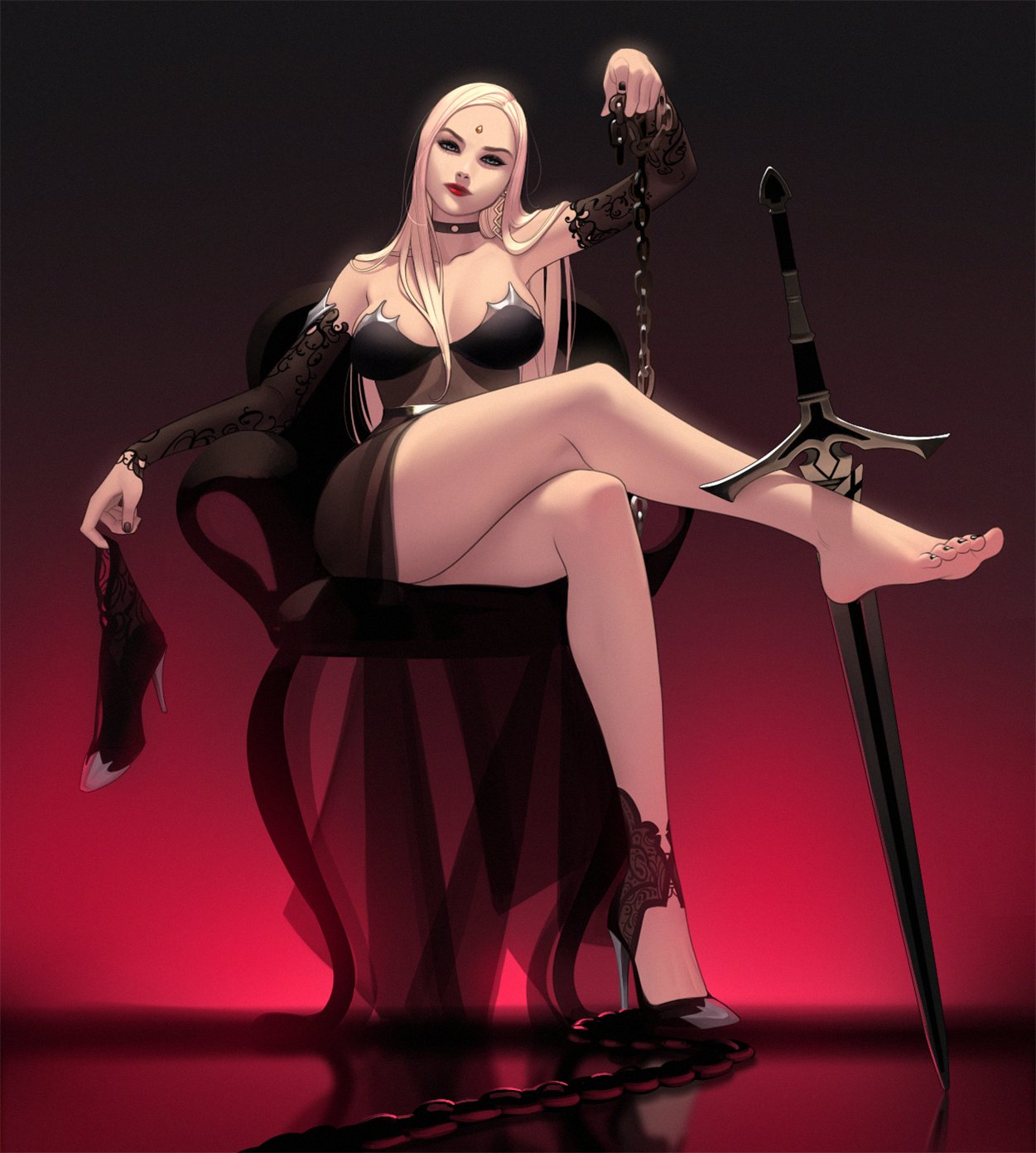 angelise_reiter barefoot black_nails blue_eyes chains commentary_request feet final_fantasy final_fantasy_xiv garlean high_heels legs_crossed oc original original_character silver_hair stiletto_heels sword tagme very_high_heels white_hair