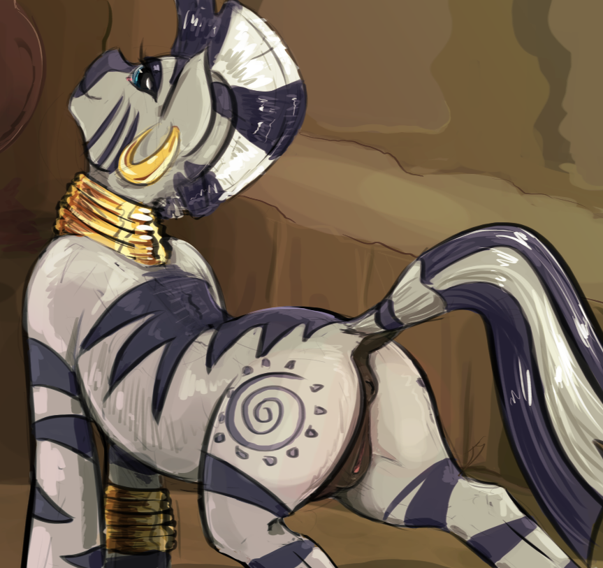 2020 anatomically_correct anatomically_correct_genitalia anatomically_correct_pussy animal_genitalia animal_pussy ass blue_eyes digital_media_(artwork) dock equid equine equine_pussy female feral friendship_is_magic genitals grey_body grey_stripes half-closed_eyes hasbro jewelry looking_back mammal mohawk my_little_pony narrowed_eyes pussy raised_tail solo stripes testostepone zebra zecora_(mlp)