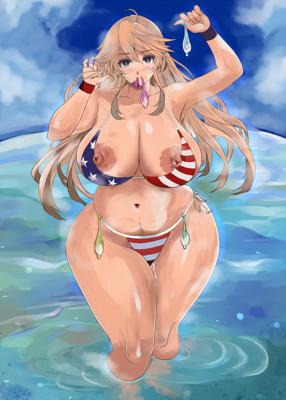 1girls american_flag_bikini armpits ass beach belly belly_button big_breasts bikini bikini_bottom bikini_lift bikini_top bimbo blonde_female blonde_hair blue_eyes blush bracelet breasts_bigger_than_head condom condom_balloon condom_in_mouth emino female female_focus female_only hi_res hips hourglass_figure huge_breasts in_water long_hair looking_at_viewer ocean original pubic_hair pubic_hair_peek pussy_juice pussy_juice_trail sky solo solo_female solo_focus star-shaped_pupils steam steaming_body sweat sweatdrop thick thick_ass thick_thighs thighs visible_nipples water