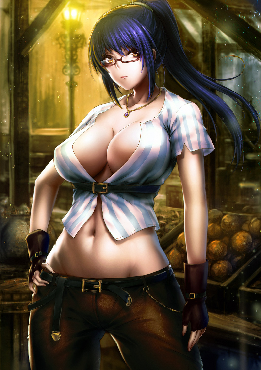 1girls arai29 aya_kagano big_breasts breasts busty cleavage female female_only fingerless_gloves glasses gloves hand_on_hip hi_res jewelry large_breasts long_hair looking_at_viewer midriff navel necklace pants ponytail pose purple_hair seed_of_the_dead solo voluptuous yellow_eyes