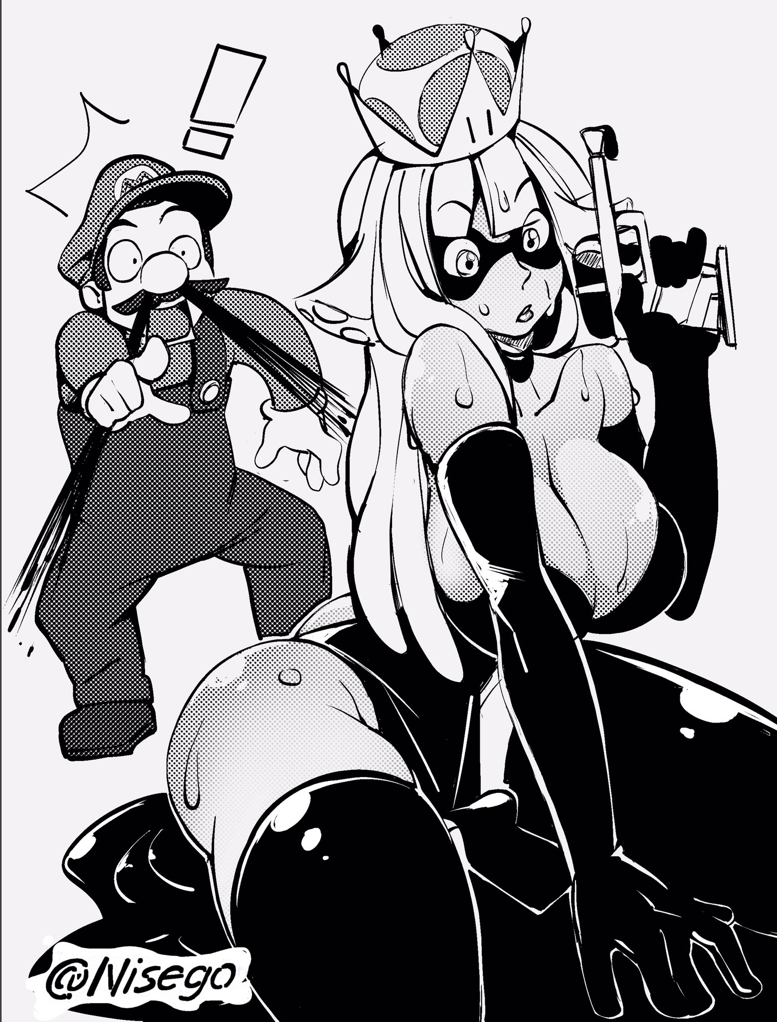 !, 1boy, 1girls, 2018, artist name, ass, big breasts, black and white, blooper, bloopette, breasts, cleavage, crown, curvy, elbow gloves, female, hourglass figure, humanized, male, mario, mario (series), new super mario bros. u deluxe, nintendo, nisego, nosebleed, pistol, squid girl, super crown, super mario bros., thick thighs, thighhighs, wet, white background, wide hips