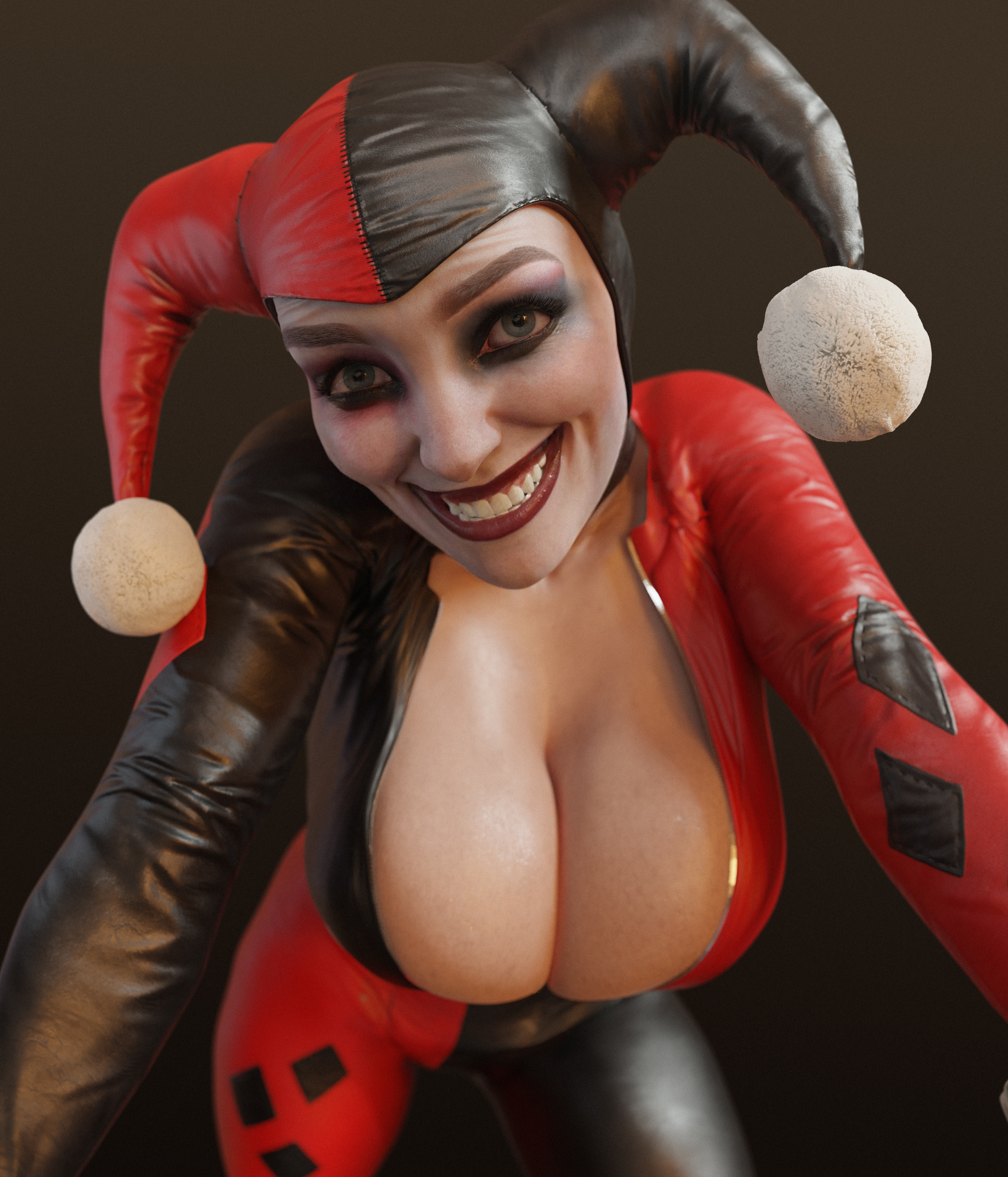 1girls, 2022, 3d, absurd res, batesz, batman (series), big breasts, black background, blue eyes, bodysuit, breasts, cleavage, crazy smile, dc, dc comics, eyelashes, eyeshadow, female, female only, harley quinn, harley quinn (classic), harley quinn (injustice), hi res, human, injustice 2, jester cap, large breasts, light skin, light-skinned female, lipstick, looking at viewer, makeup, simple background, smile, solo, solo female, teeth