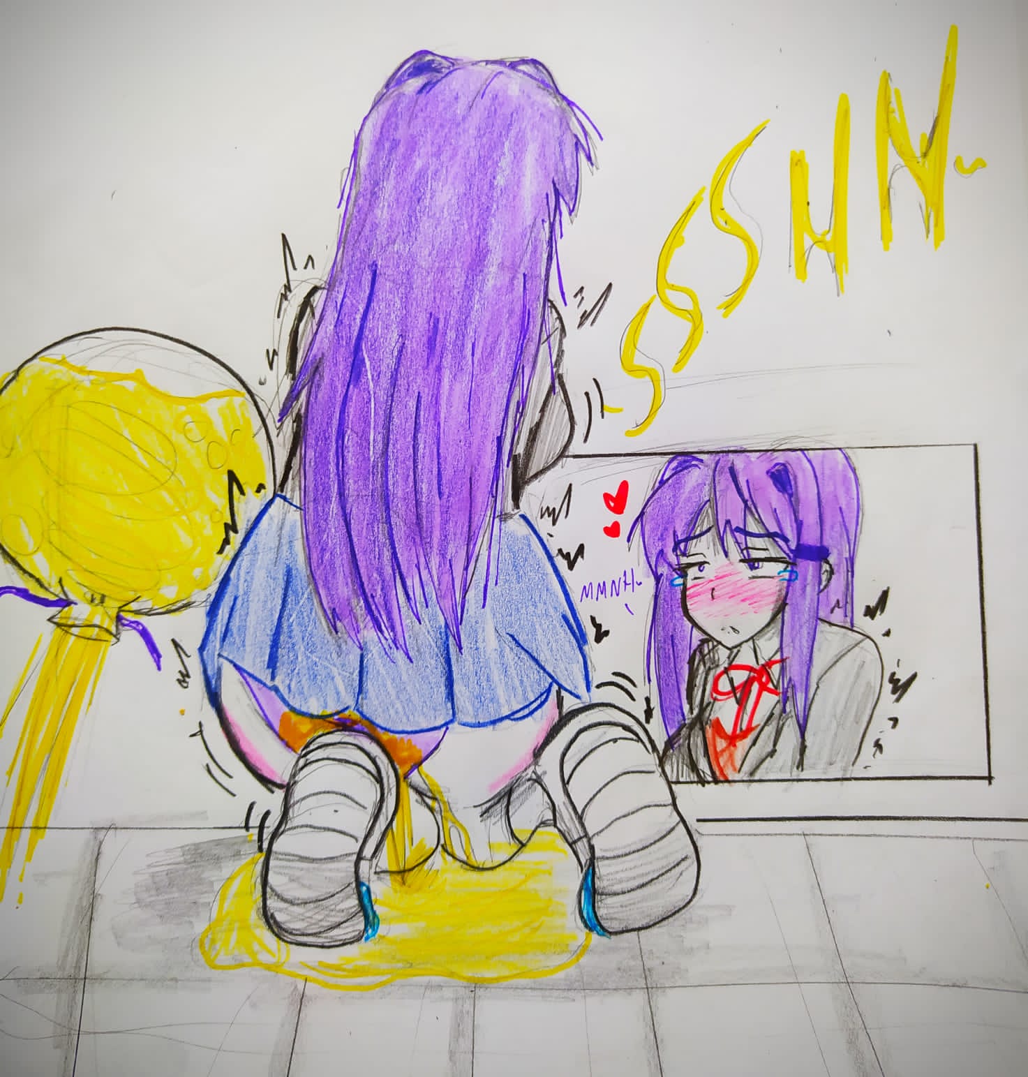 alphahyoudou bladder blue_skirt doki_doki_literature_club female female_only omorashi peeing peeing_on_floor peeing_on_self peeing_panties pissing_on_floor pissing_on_self purple_eyes purple_hair skirt text urine yellow_text yuri_(doki_doki_literature_club)