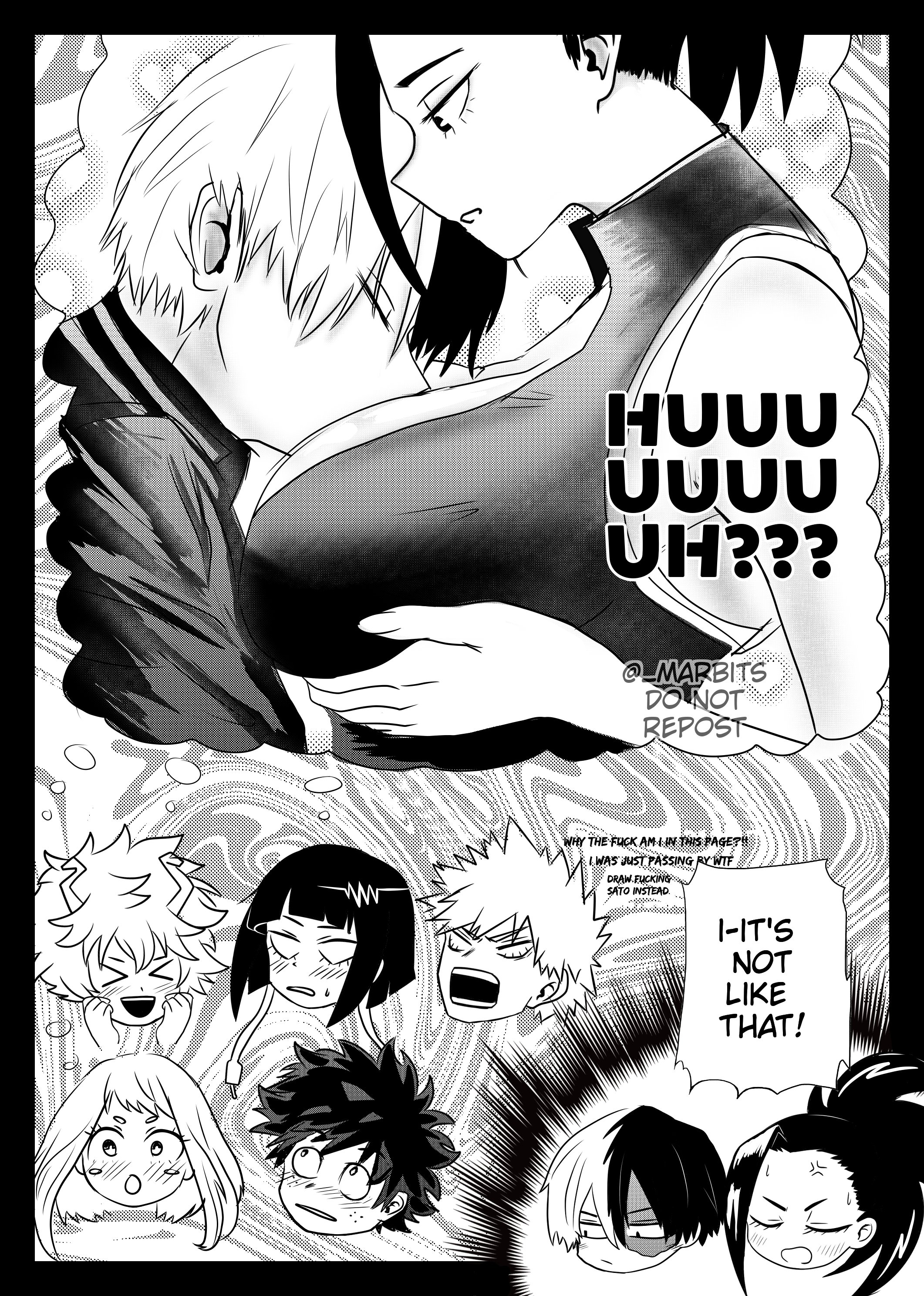 big breasts, black and white, blush, breasts, busty, cleavage, comic, english text, face between breasts, face in breasts, face on breast, female, heart, hero outfit (mha), holding own breast, human, human female, imagination, imagining, izuku midoriya, katsuki bakugou, kyoka jiro, large breasts, leotard, light-skinned female, marbits, mina ashido, momo yaoyorozu, momo yaoyorozu (hero outfit), motorboating, my hero academia, ochako uraraka, shouto todoroki, spiky hair, superheroine, todoroki shouto, yaoyorozu momo