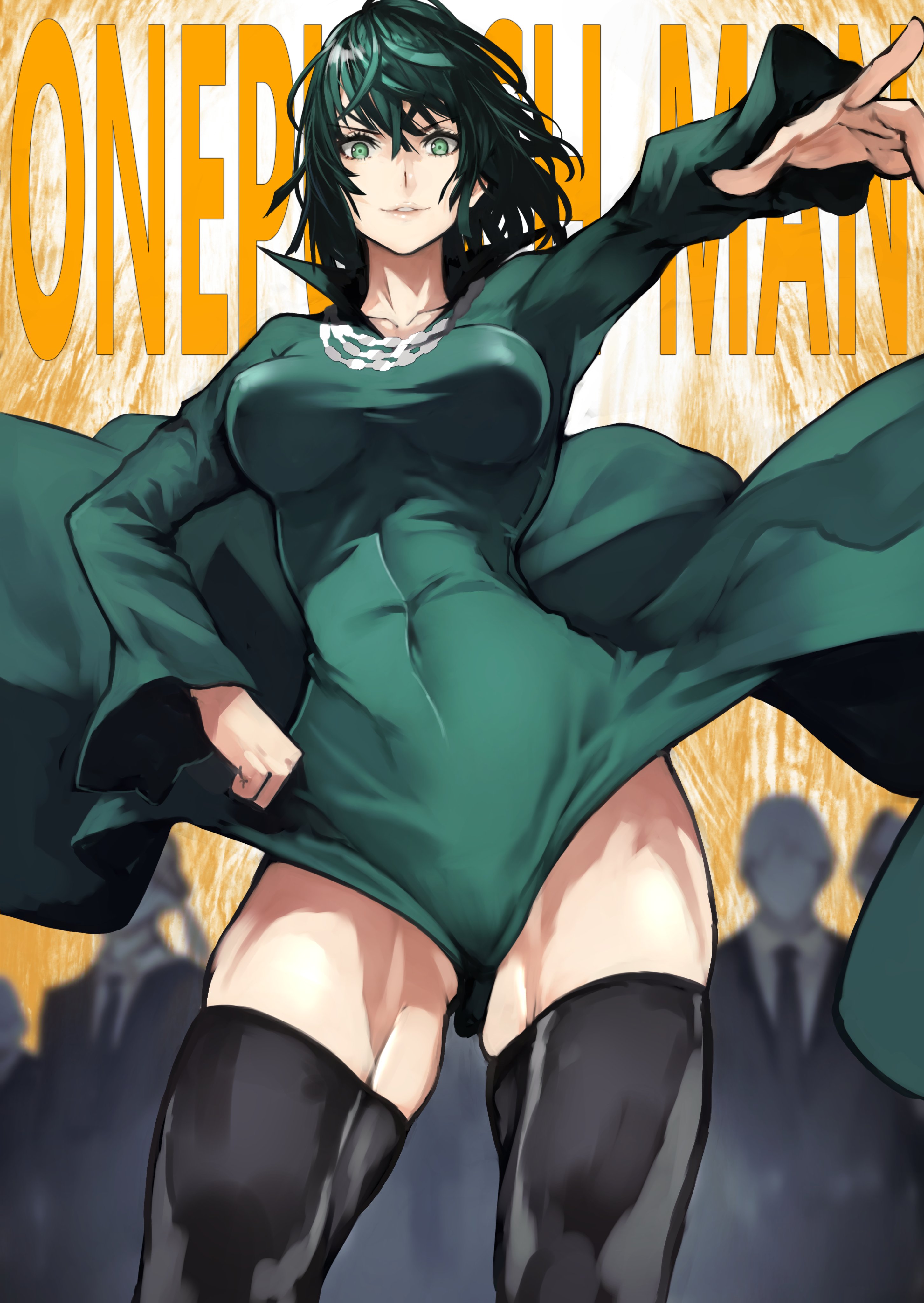 1girls, absurd res, bangs, big breasts, bob cut, breasts, busty, clothed, clothing, covered pussy, curvaceous, curvy, curvy body, curvy female, curvy figure, dark green hair, dress, eye contact, eyelashes, female, female focus, female only, fit, fit female, fringe, front view, fubuki (one-punch man), green dress, green eyes, green hair, groin, hand on hip, hand up, heroine, highres, hips, hourglass figure, light skin, light-skinned female, lips, lipstick, long sleeves, looking at viewer, medium hair, midriff, necklace, one-punch man, pose, pussy, short hair, skirt up, slim, slim waist, smile, smiling, smiling at viewer, solo, solo female, solo focus, standing, thick, thick legs, thick thighs, thighs, thin waist, tight clothing, tight dress, toned, toned body, toned female, toned legs, upskirt, voluptuous, waist, wide hips, yoshi55level